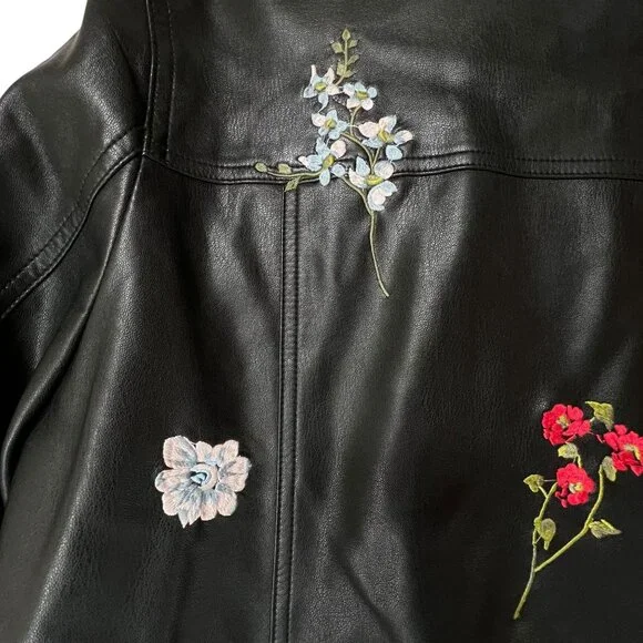 Christopher & Banks Black Faux Leather Jacket Floral Embroidery Snap Zip Large - Picture 9 of 16